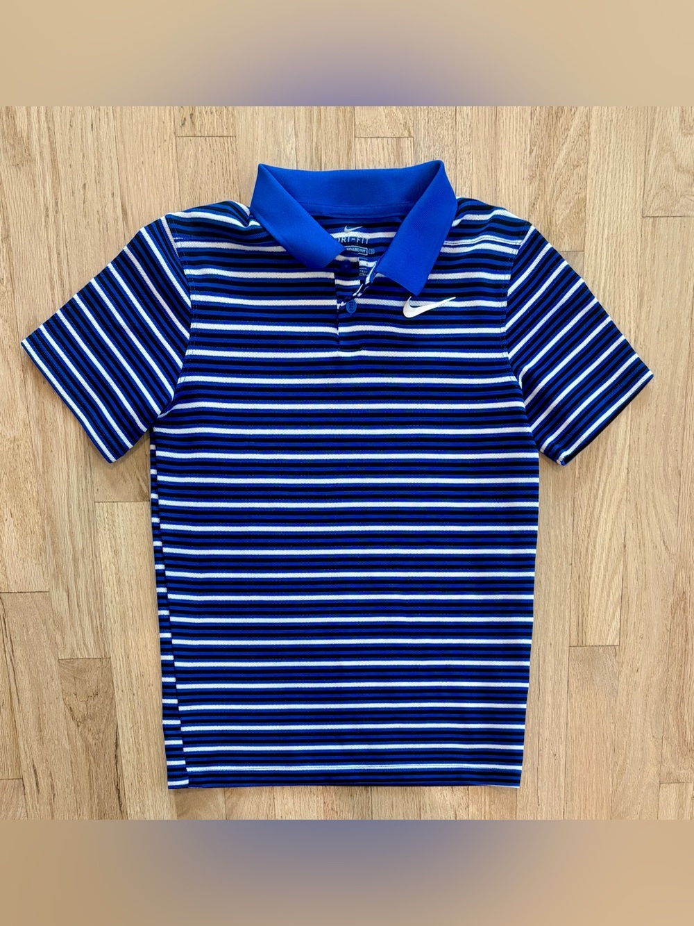 Nike Dri-FIT Boys Blue Black White Striped Performance Golf Polo Shirt, Large L
